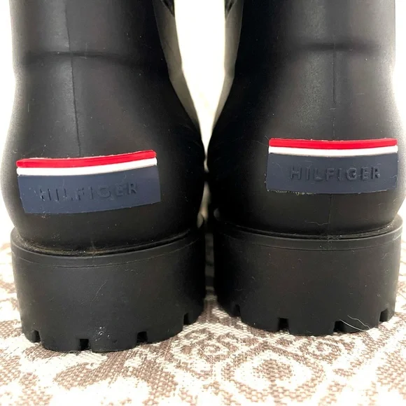 Tommy Hilfiger Black Raised Monogrammed Knee-High Rubber Rain Boots - Picture 3 of 14